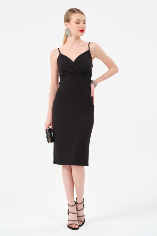 Askılı Kruvaze Yaka Midi Elbise - 1538