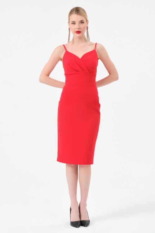 Askılı Kruvaze Yaka Midi Elbise - 1538