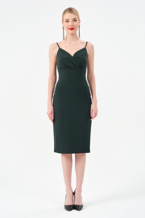 Askılı Kruvaze Yaka Midi Elbise - 1538