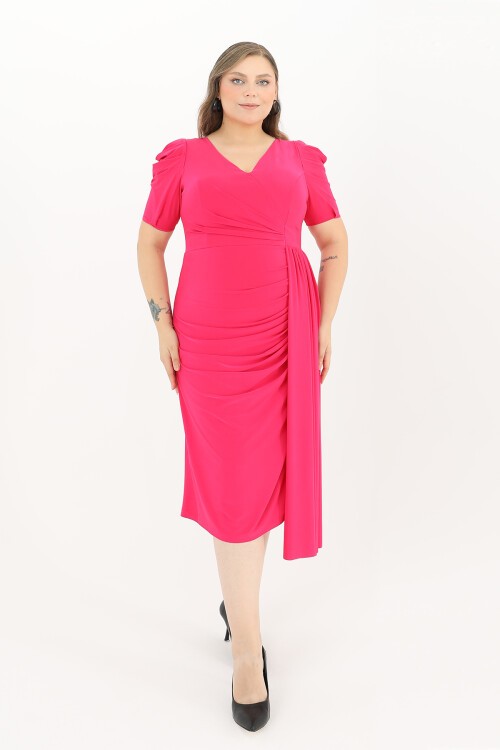 Balon Kollu Drapeli Midi Elbise - 1645