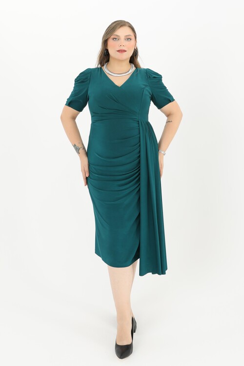 Balon Kollu Drapeli Midi Elbise - 1645