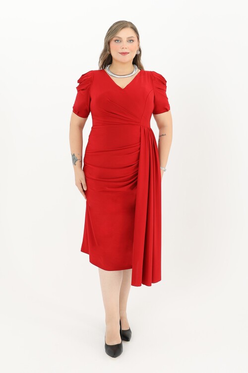 Balon Kollu Drapeli Midi Elbise - 1645