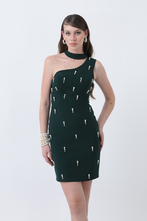 Boyun Detaylı İnci İşlemeli Mini Elbise - 1702