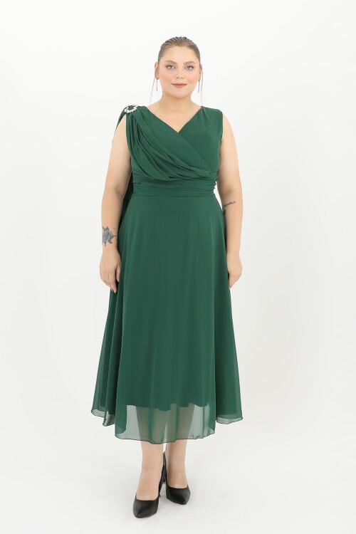 Broş Detaylı Drapeli Midi Elbise - 1667
