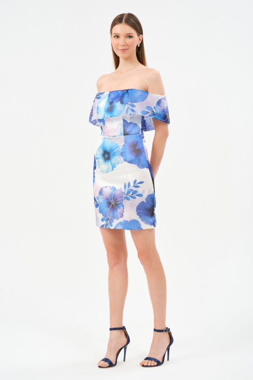 Çiçek Desenli Kayık Yaka Mini Elbise - 1530