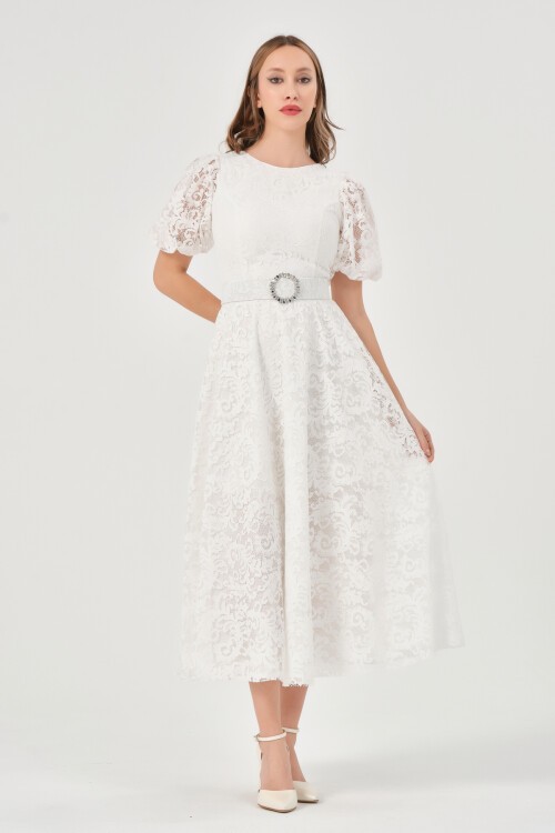 Dantelli Balon Kollu Midi Elbise - 1592