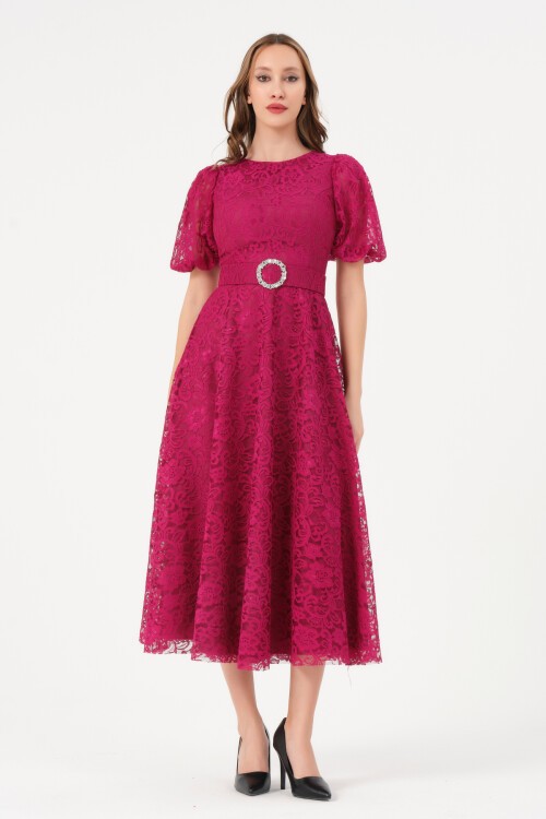 Dantelli Balon Kollu Midi Elbise - 1592