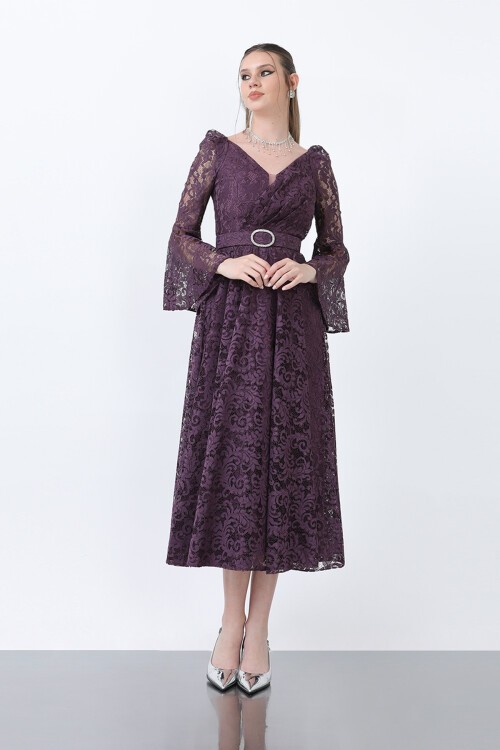 Dantelli Kemer Detaylı Midi Elbise - 1636