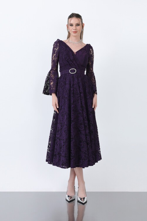 Dantelli Kemer Detaylı Midi Elbise - 1636