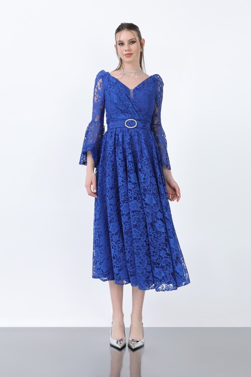 Dantelli Kemer Detaylı Midi Elbise - 1636