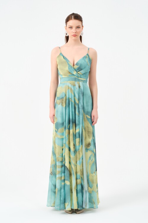 Desenli Kruvaze Yaka Askılı Elbise - 1526