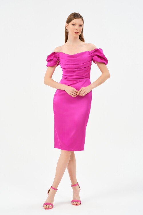 Drape Detaylı Midi Elbise - 1513