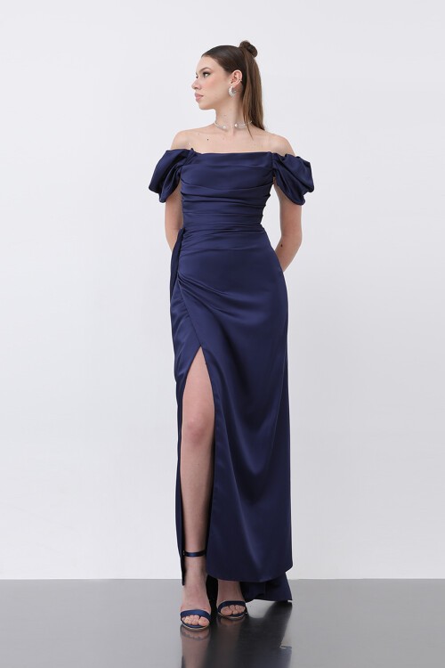 Drapeli Yırtmaçlı Elbise - 1499