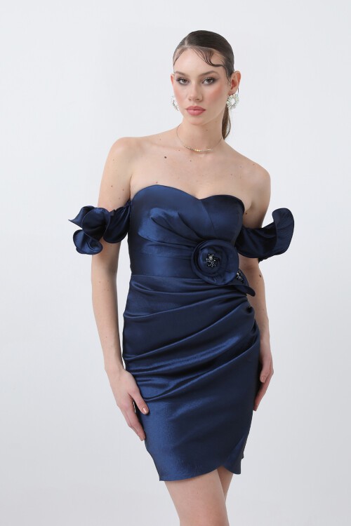 Drapeli Kayık Yaka Mini Elbise - 1692