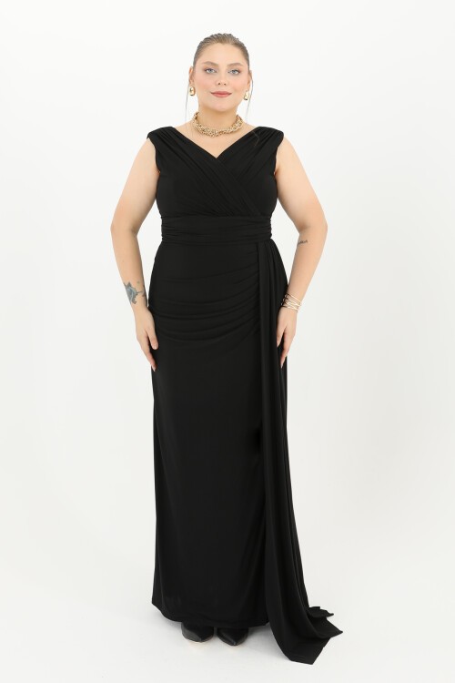 Drapeli Kruvaze Yaka Uzun Elbise - 1648