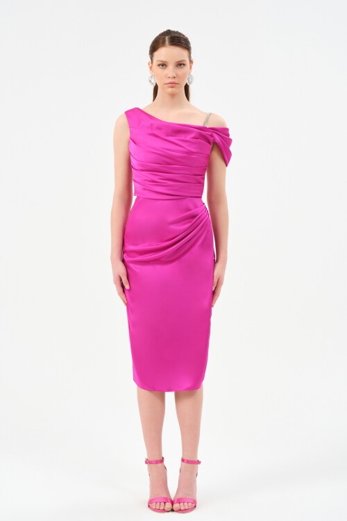 Drapeli Omuz Detaylı Midi Elbise - 1506