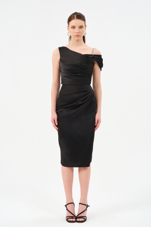 Drapeli Omuz Detaylı Midi Elbise - 1506