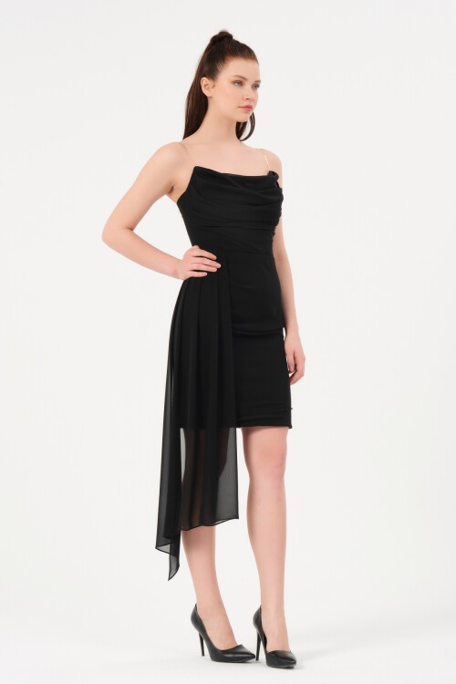 Drapeli Şifon Detaylı Straplez Elbise - 1598