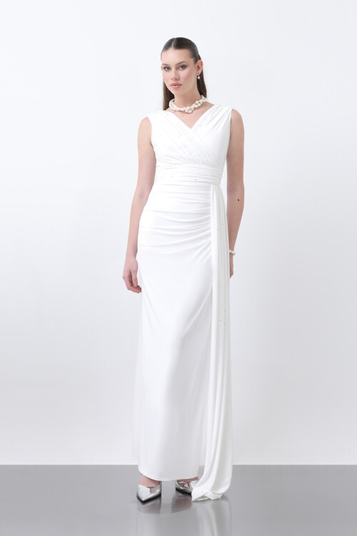 Drapeli Taş Detaylı Uzun Elbise - 1638