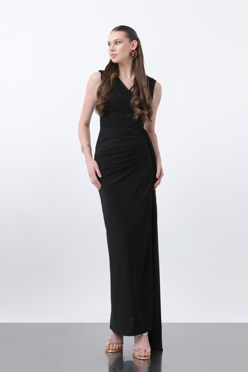 Drapeli Taş Detaylı Uzun Elbise - 1638