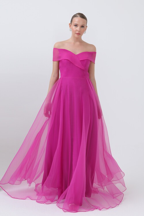 Kayık Yakalı Tül Elbise - 1697