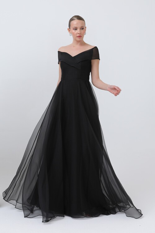 Kayık Yakalı Tül Elbise - 1697