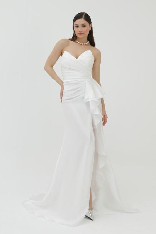 Drapeli Volan Detaylı Yırtmaçlı Elbise - 1759