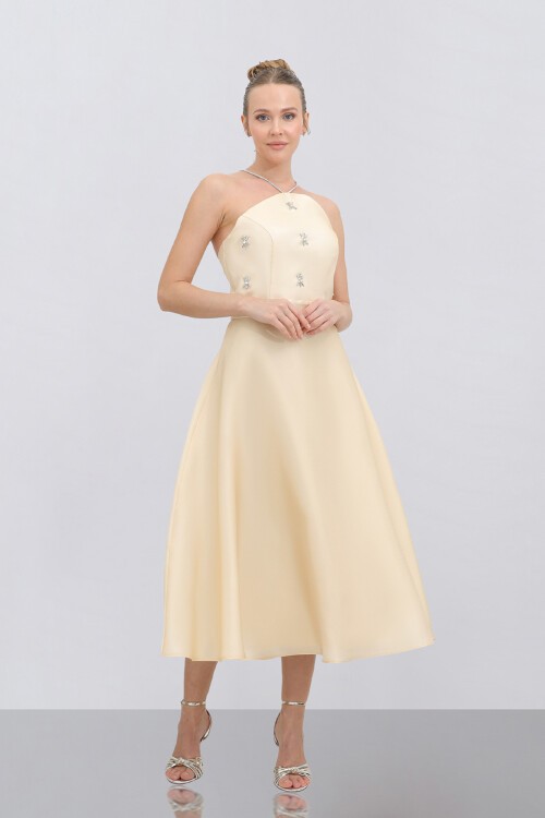 Halter Yaka Taş İşlemeli Midi Elbise - 1790