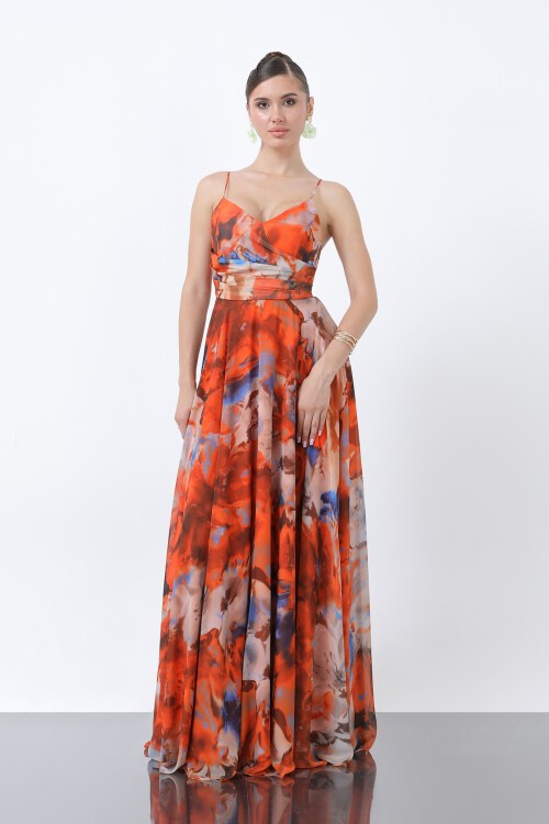 İnce Askılı Desenli Elbise - 1836