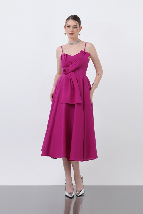 İnce Askılı Drape Detaylı Midi Elbise - 1878