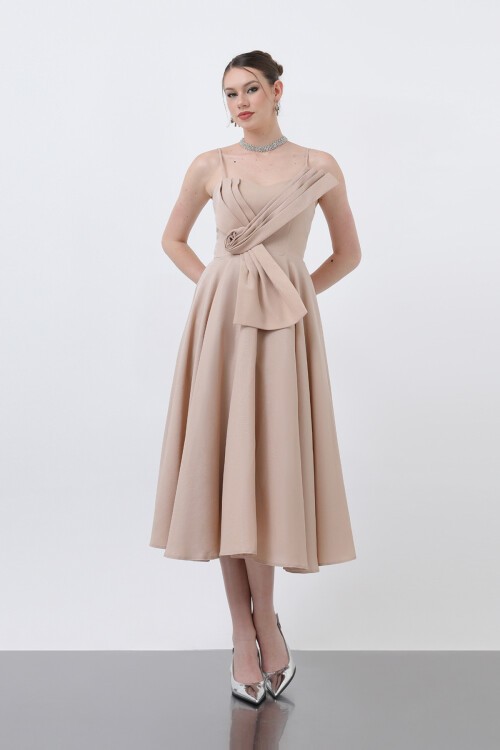 İnce Askılı Drape Detaylı Midi Elbise - 1878