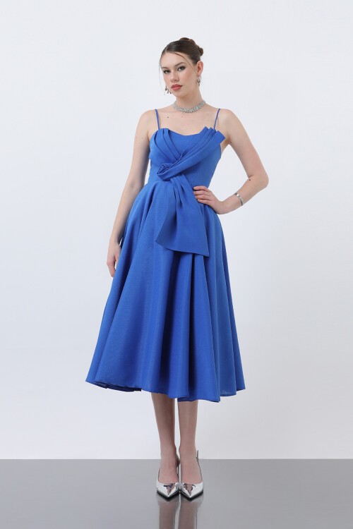 İnce Askılı Drape Detaylı Midi Elbise - 1878