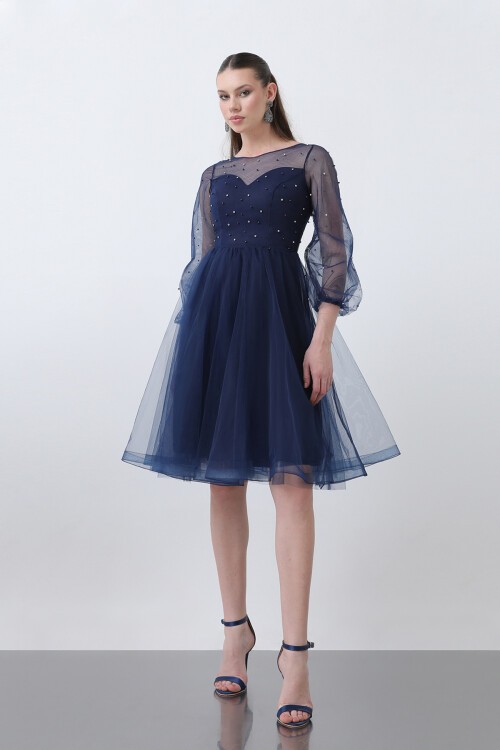 Tül Detaylı İncili Midi Elbise - 1658