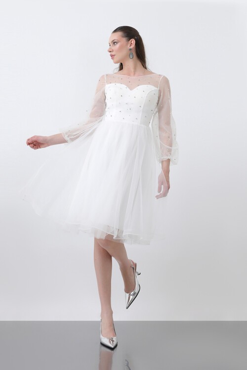 Tül Detaylı İncili Midi Elbise - 1658