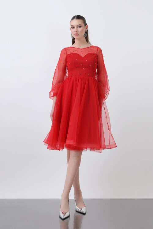 Tül Detaylı İncili Midi Elbise - 1658