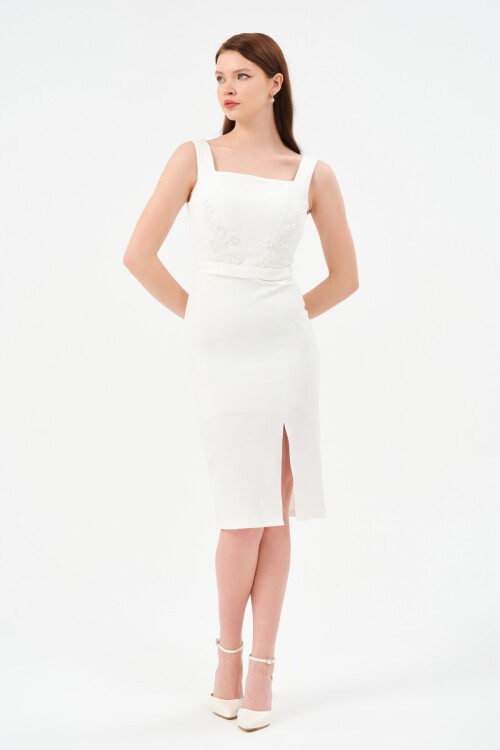 İşleme Detaylı Kare Yaka Midi Elbise - 1535