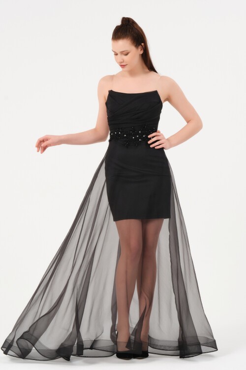 İşlemeli Tül Detaylı Straplez Elbise - 1551