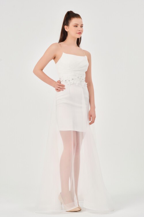 İşlemeli Tül Detaylı Straplez Elbise - 1551