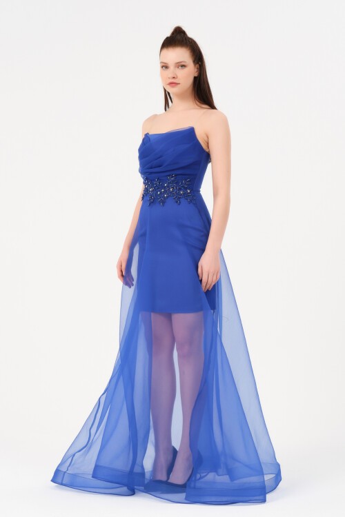 İşlemeli Tül Detaylı Straplez Elbise - 1551