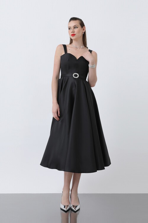 Kalp Yakalı Kemer Detaylı Midi Elbise - 1826