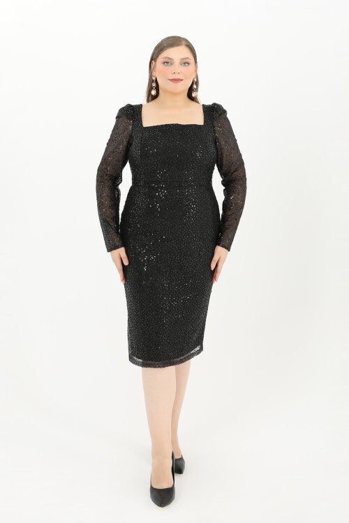 Kare Yaka Midi Elbise - 1627