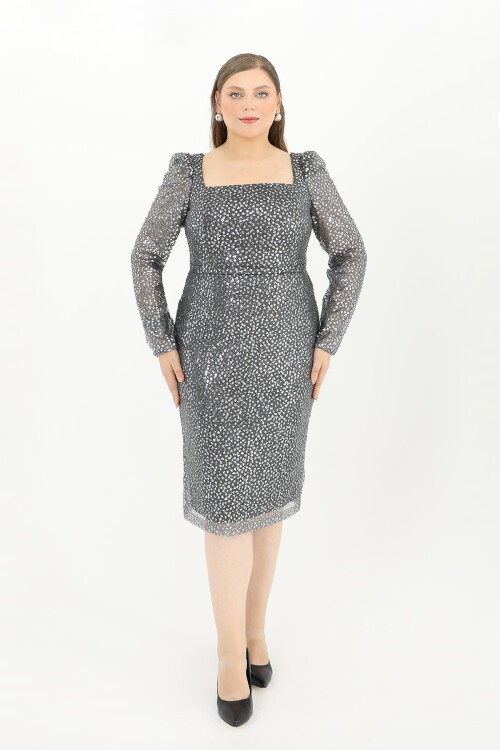 Kare Yaka Midi Elbise - 1627