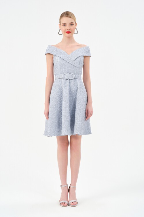 Kayık Yaka Kemer Detaylı Mini Elbise - 1543