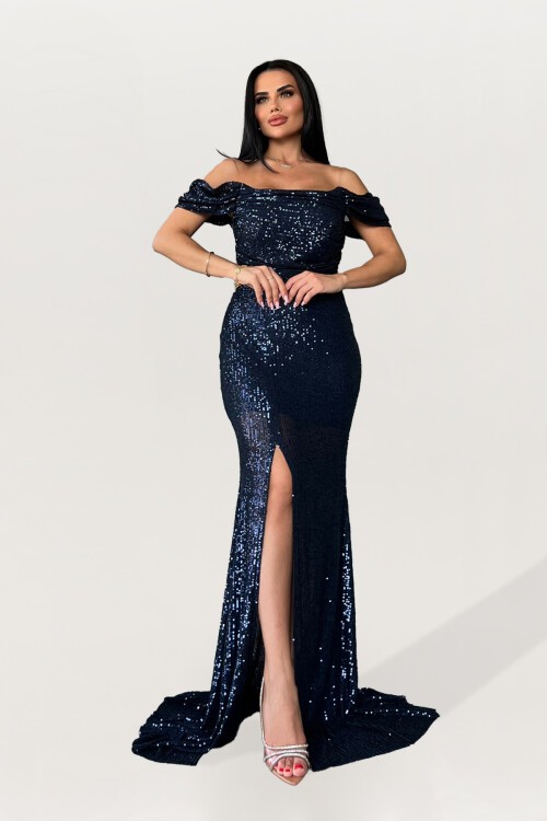 Kayık Yaka Payetli Yırtmaç Detaylı Elbise - 1708