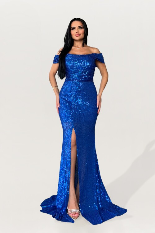 Kayık Yaka Payetli Yırtmaç Detaylı Elbise - 1708