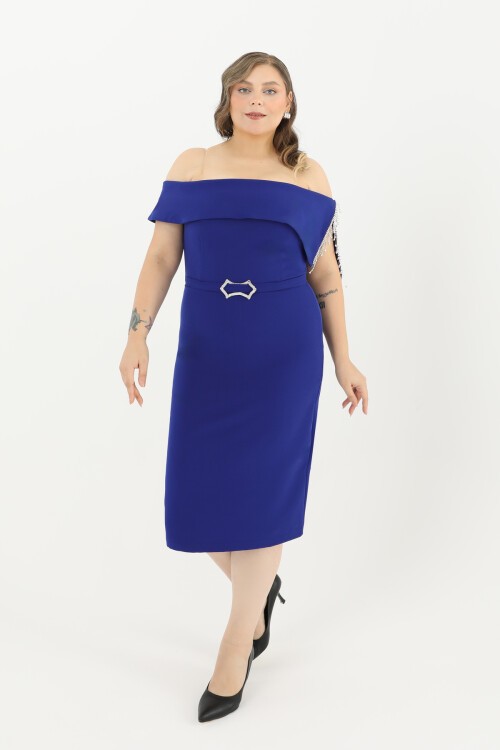 Kayık Yaka Taş Detaylı Midi Elbise - 1709