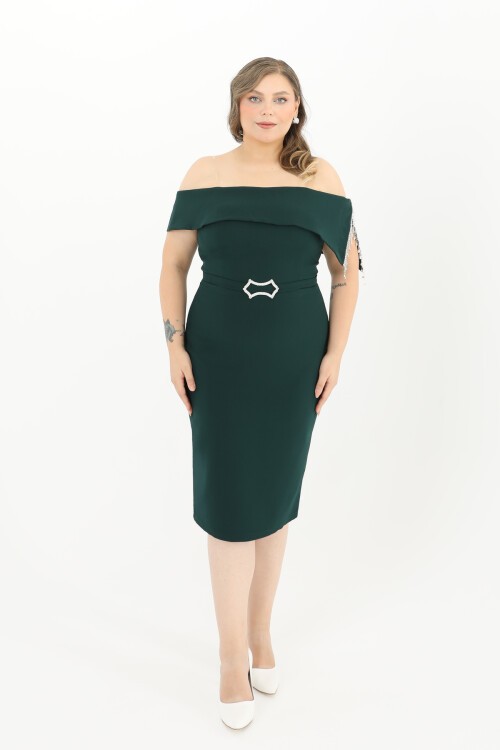 Kayık Yaka Taş Detaylı Midi Elbise - 1709