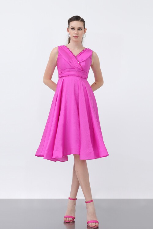 Kruvaze Yaka Taş Detaylı Elbise - 1663