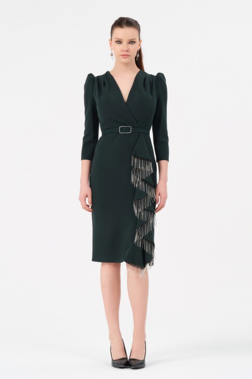 Kruvaze Yaka Kemerli Midi Elbise - 1610