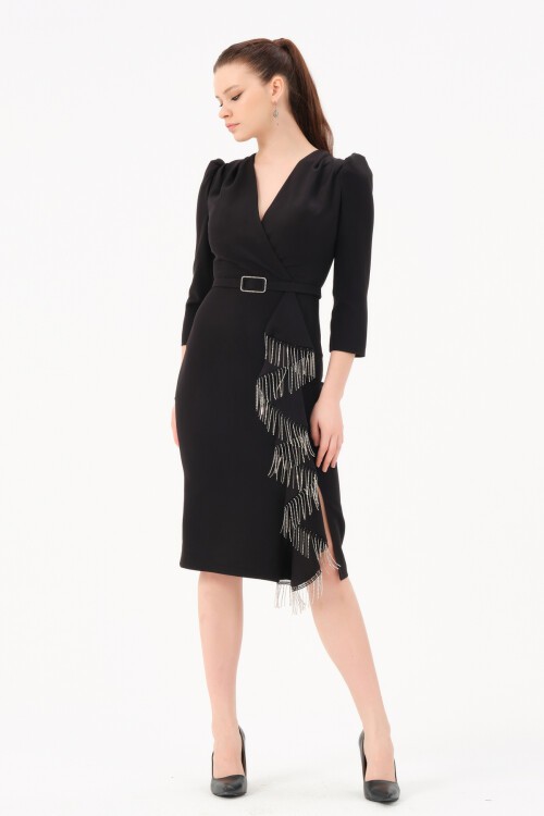 Kruvaze Yaka Kemerli Midi Elbise - 1610